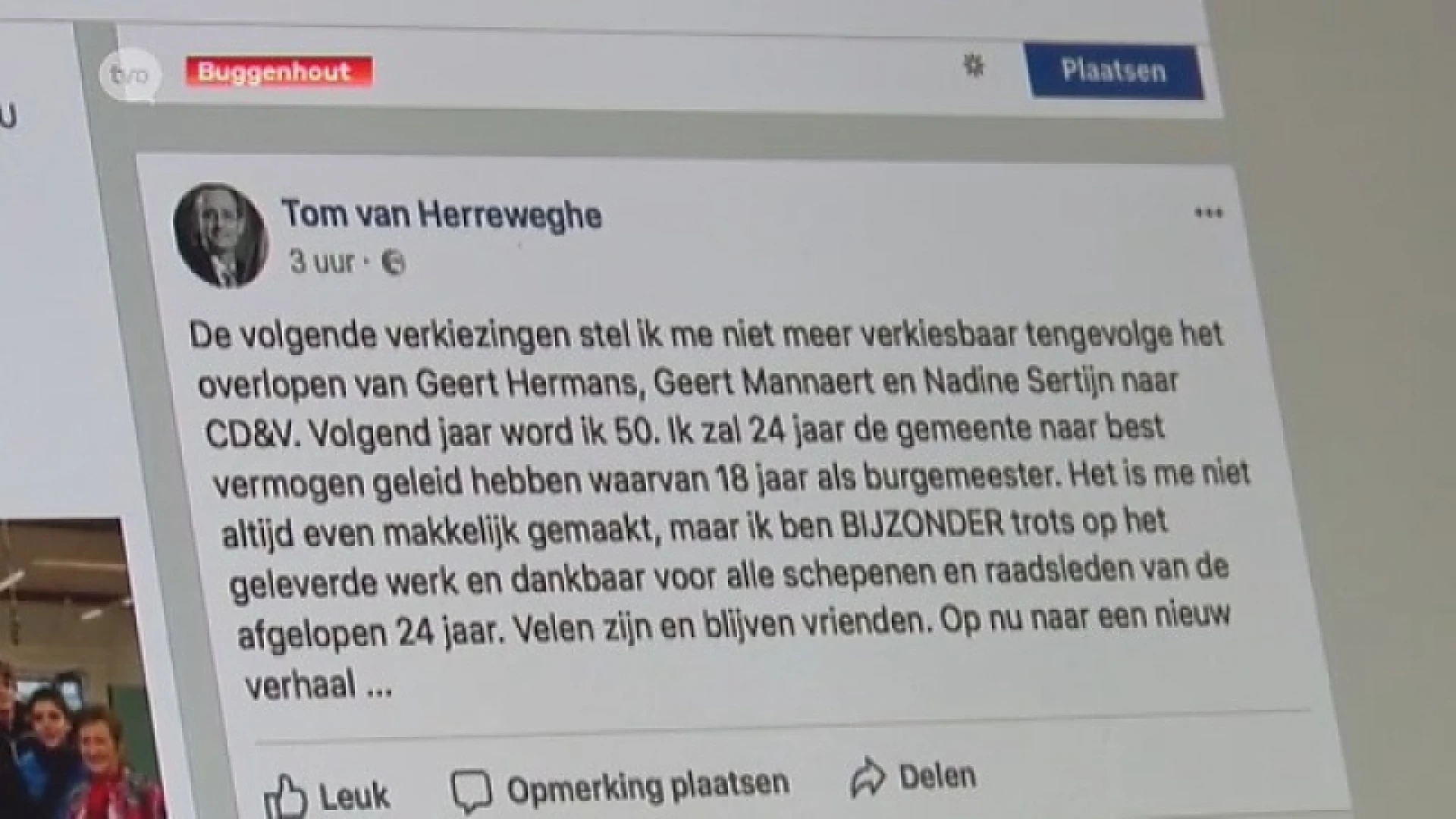 Buggenhouts burgemeester Van Herreweghe kondigt afscheid van politiek aan