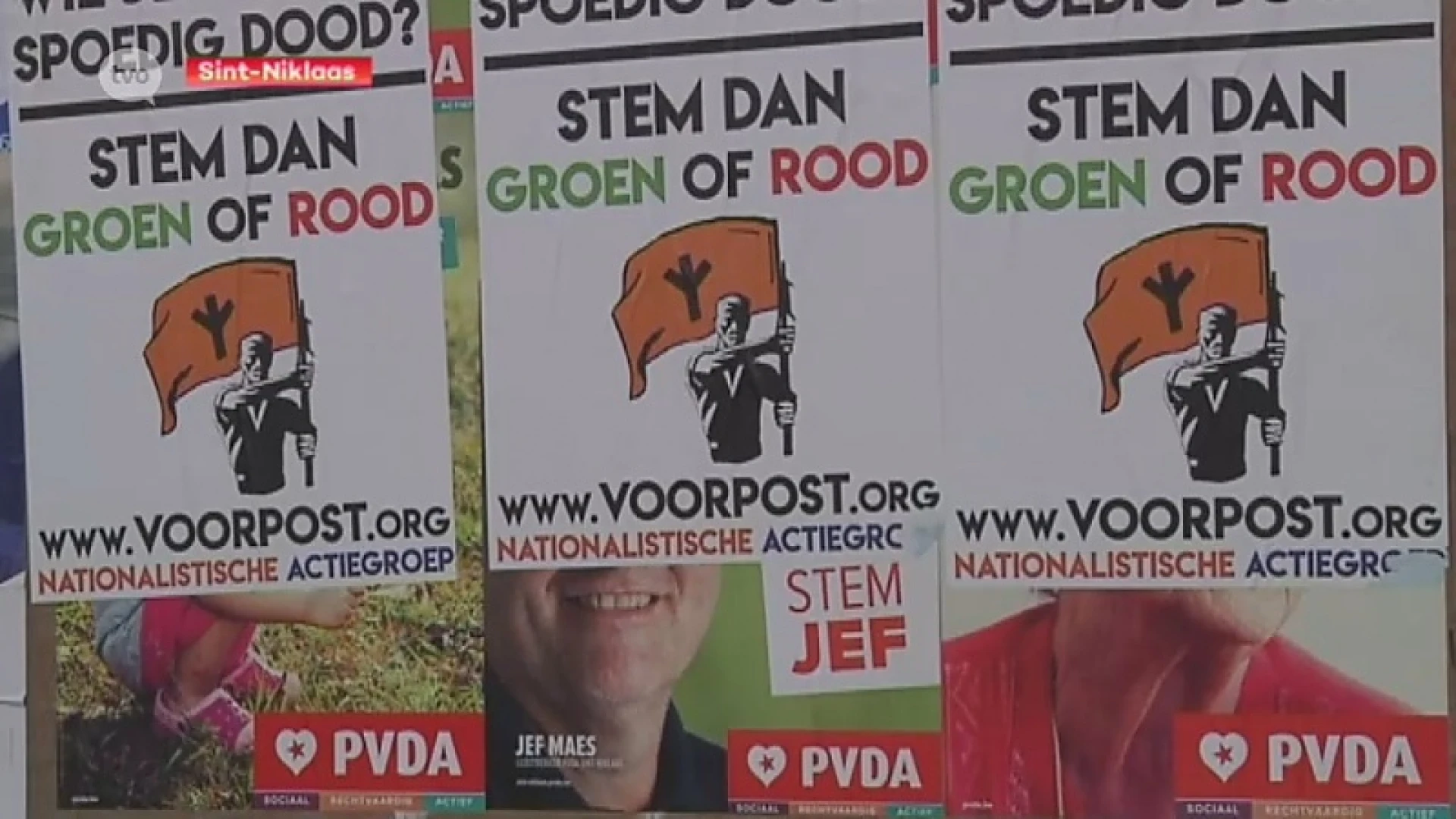 Voorpost overplakt affiches PVDA Sint-Niklaas