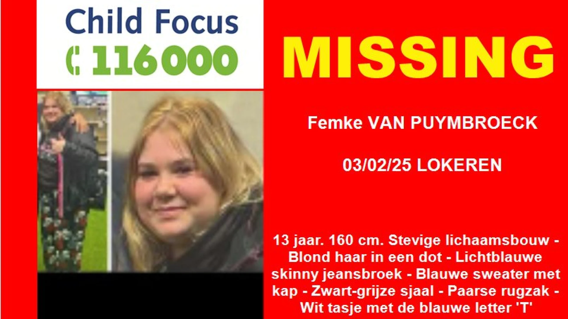 13-jarige Femke vermist: parket en Child Focus doen oproep van verdwijning