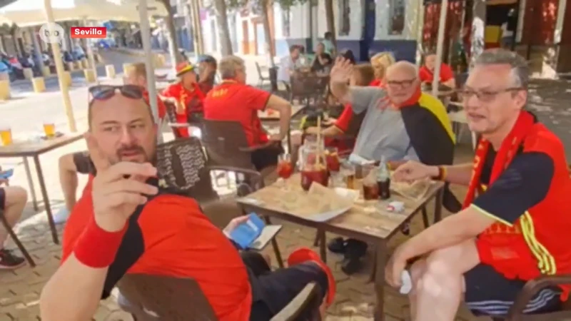 Supporters verzamelen op terras in Sevilla, straks richting stadion