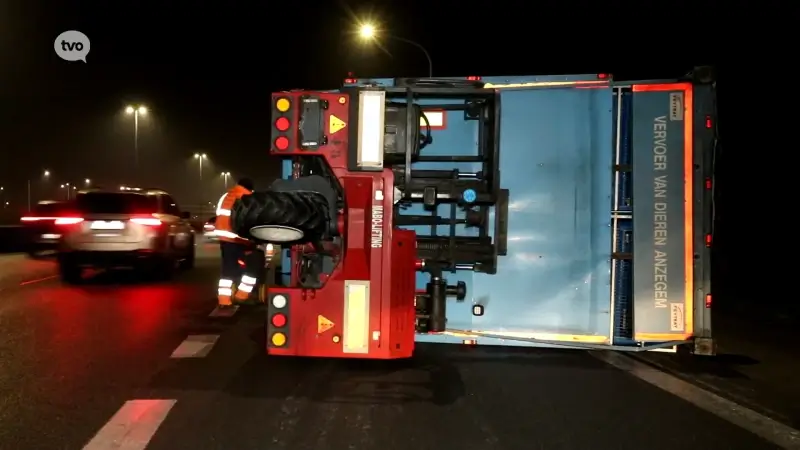 Aanhangwagen van vrachtwagen kantelt op E17 in Sint-Niklaas